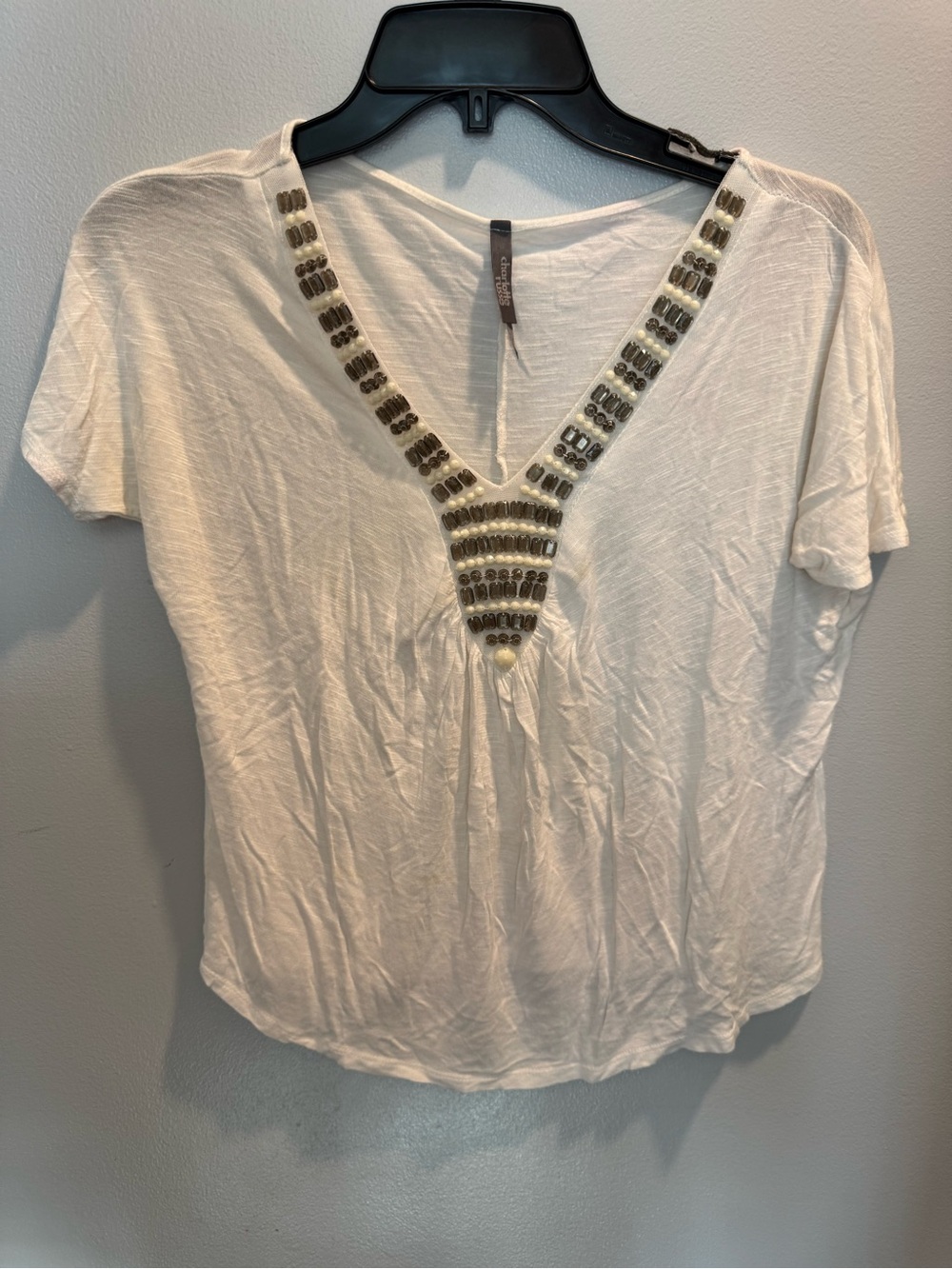 Beaded V-Neck White Women's Top size medium Charlotte Russe
